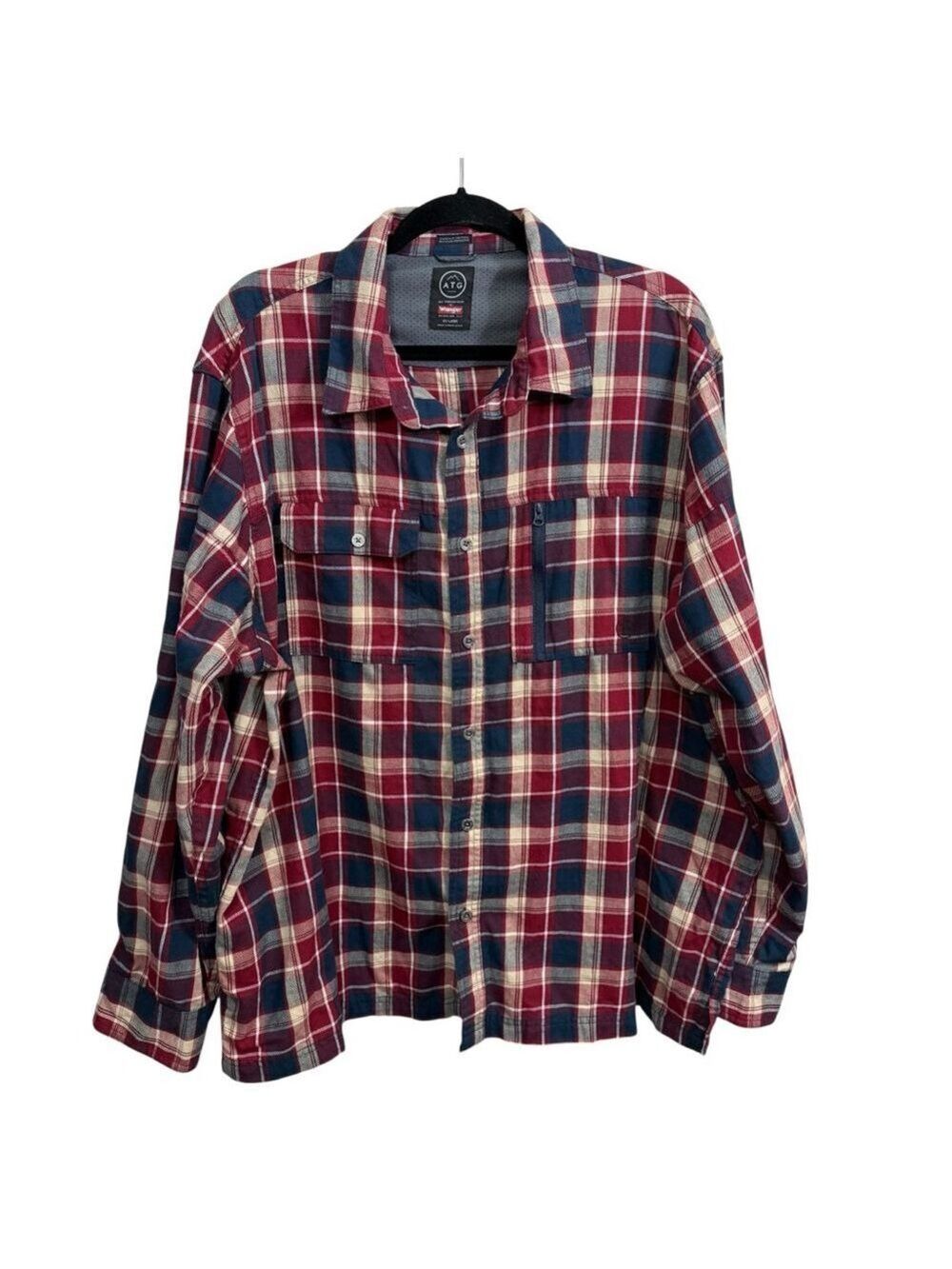 Wrangler ATG Plaid Button Down Shirt 2XL Red Blue Elbow Patch Outdoor